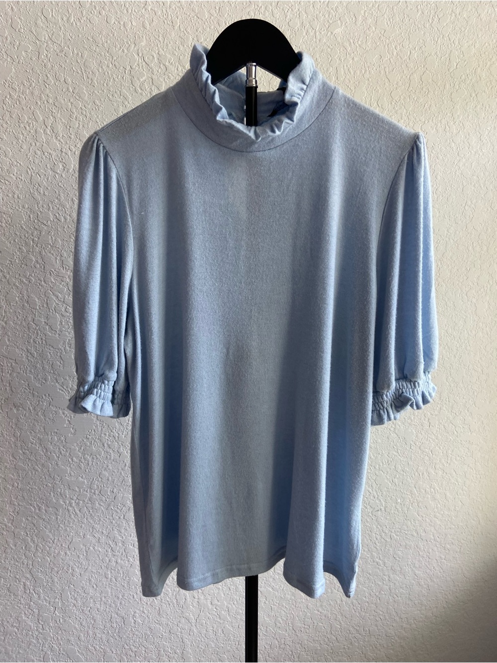 Gibson Light Blue Ruffle Mock Neck Short Sleeve Top